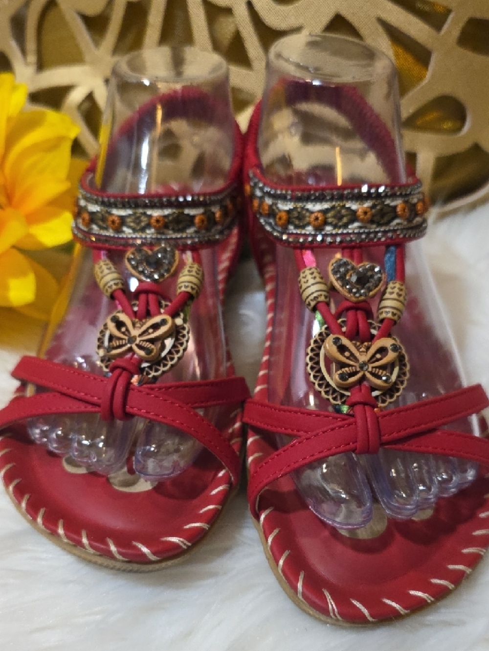 Women's Red Embellished T-Strap Sandals with Wooden Accents - Picture 2 of 8